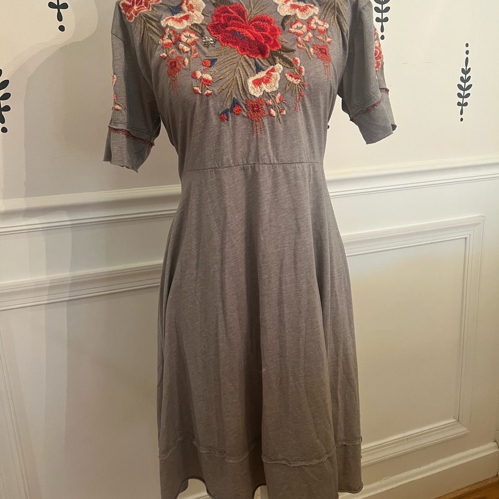 Johnny Was Charcoal Midi Dress with Vibrant Red Embroidery